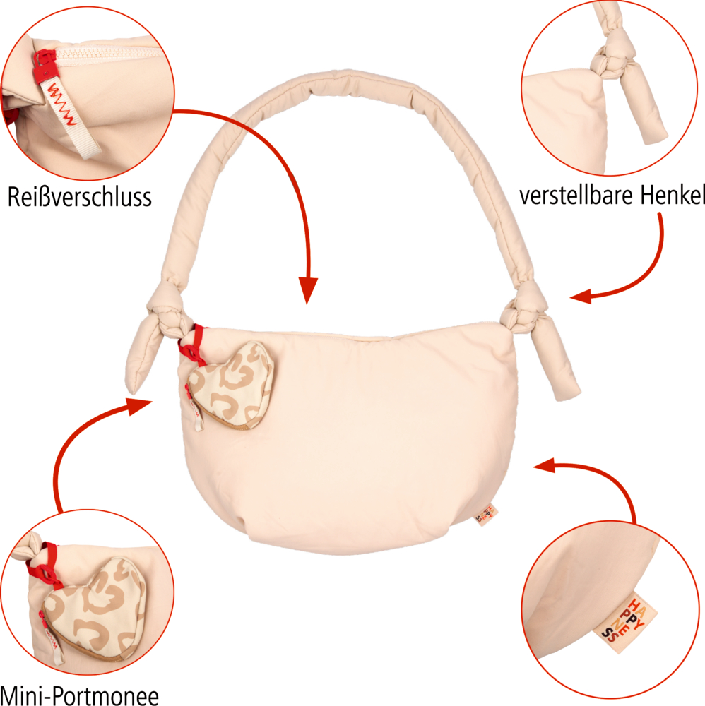 Beige Schultertasche mit verstellbarem Henkel, rotem Reißverschluss und kleinem herzförmigem Mini-Portemonnaie.
