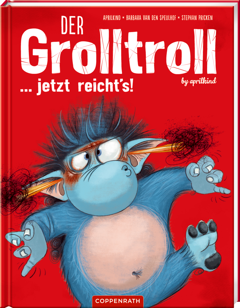 Blauer, wütender Troll mit wilden Haaren auf einem roten Buchcover mit dem Titel „Der Grolltroll ... jetzt reichts!“.