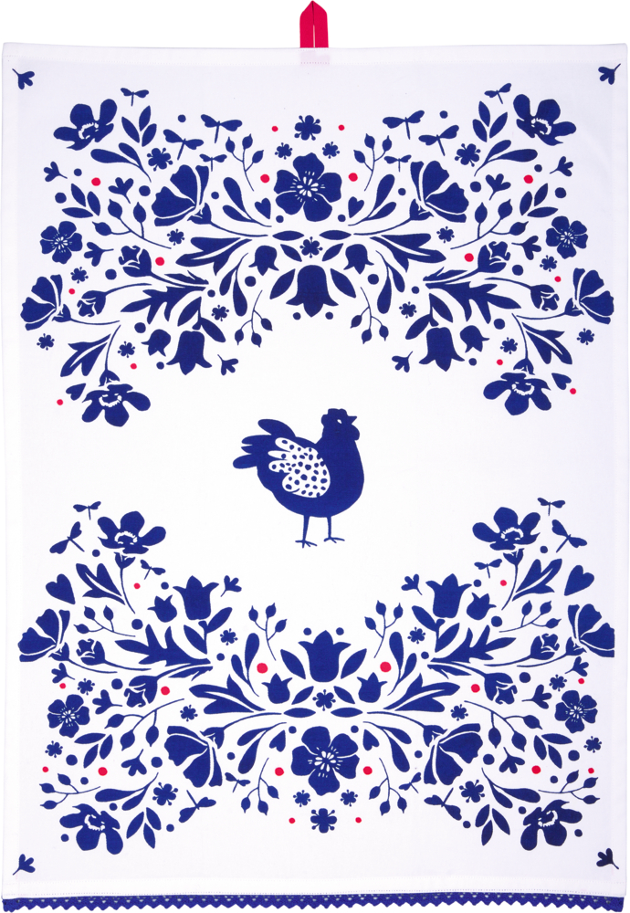 Weißes Geschirrtuch mit blauem Hahnmotiv in der Mitte und floralem Muster in Blau und Rotpunkten.