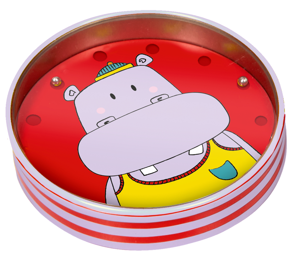Rotes, rundes Geduldspiel mit einem Cartoon-Nilpferd in einem gelben Tanktop.