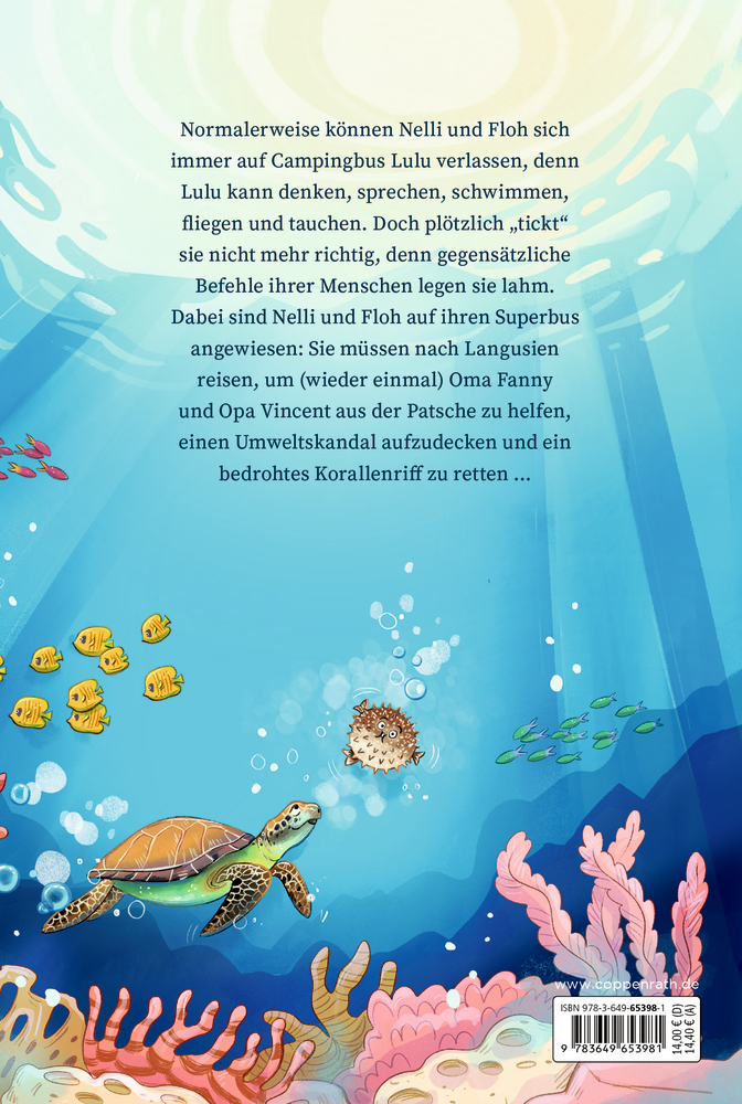 Illustration eines Unterwasserraums mit Schildkröte, Kugelfisch, Fischen und bunten Korallen.