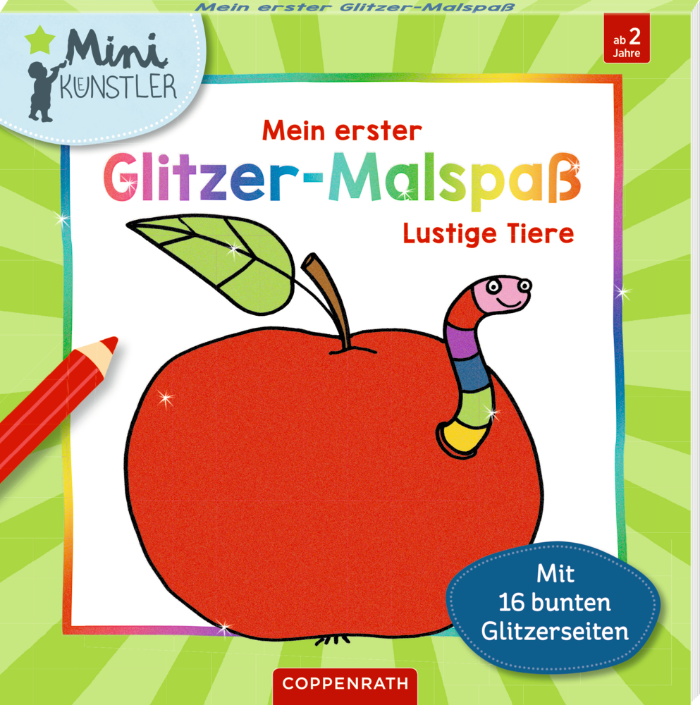 Cover eines Kinder-Malbuchs auf dem ein Apfel mit einem lächelnden, bunten Wurm auf grünem Hintergrund abgebildet ist.