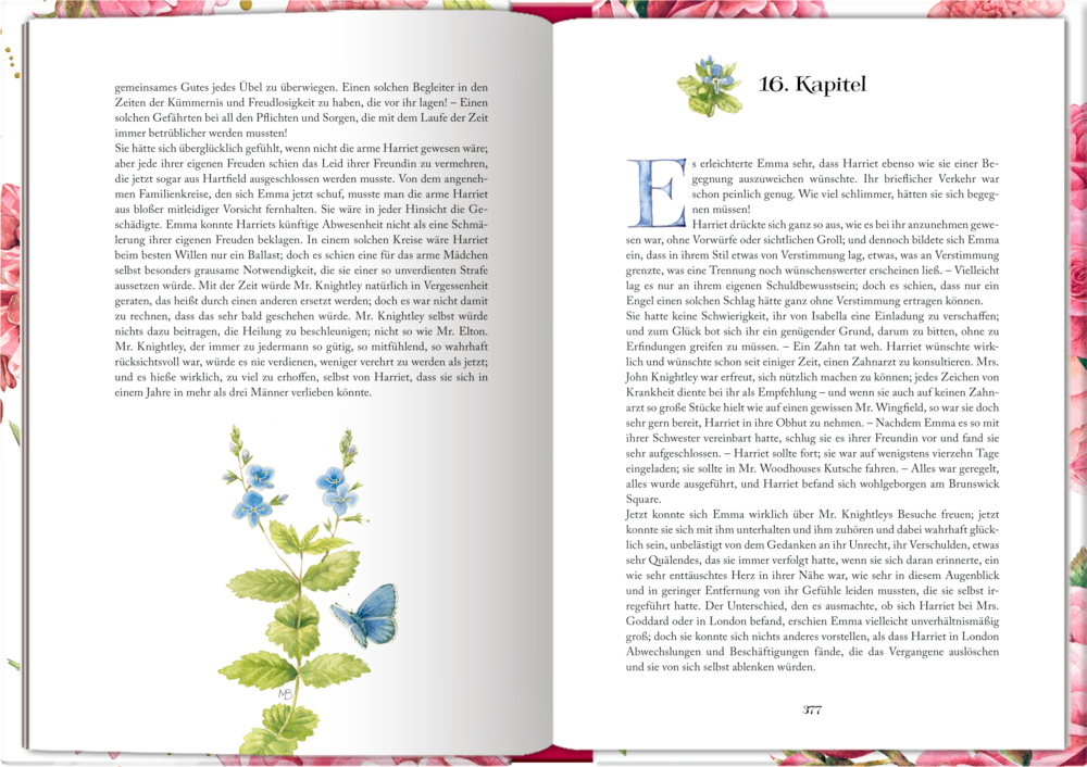 Offenes Buch mit Blumenkunst und blauem Schmetterling auf der linken Seite; Text auf beiden Seiten.