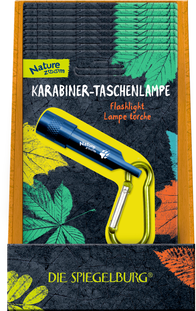 In einem Papp-Display hintereinander angeordnet: Mehrere blaue Karabiner-Taschenlampen in ihrer Verpackung.