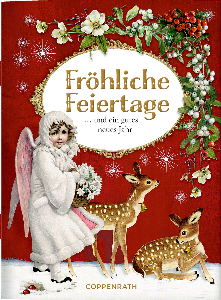 Illustration mit Engel in weißem Mantel, zwei Rehkitzen im Schnee und Blumenranken auf rotem Hintergrund mit Text „Fröhliche Feiertage“.