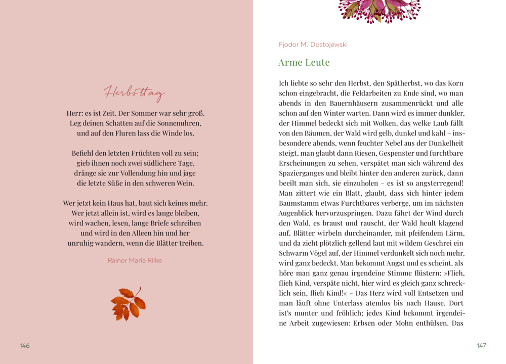 Zwei Buchseiten mit Texten von Rainer Maria Rilke und Fjodor M. Dostojewski, oben florale Illustrationen in Rot- und Lilatönen.