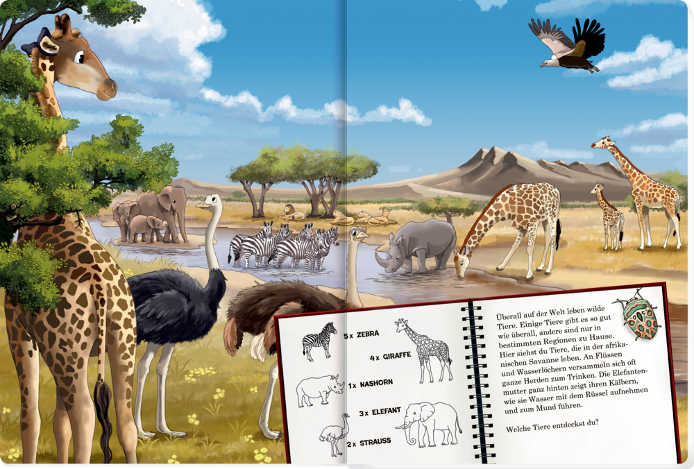 Mehrere Savannentiere wie Giraffen, Zebras, Elefanten, Nashorn und Strauße mit Infotext.