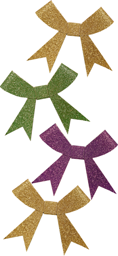 Vier glitzernde Schleifen in Gold, Grün, Lila und Gold auf weißem Hintergrund.