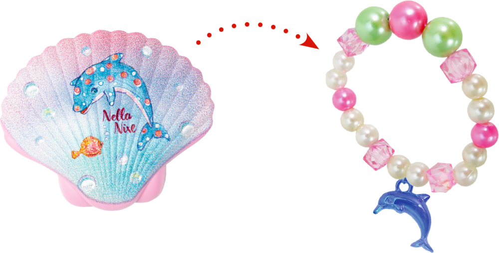 Eine muschelförmige Pastellbox mit Delfindesign lässt sich in ein Perlenarmband mit Delfinanhänger verwandeln.