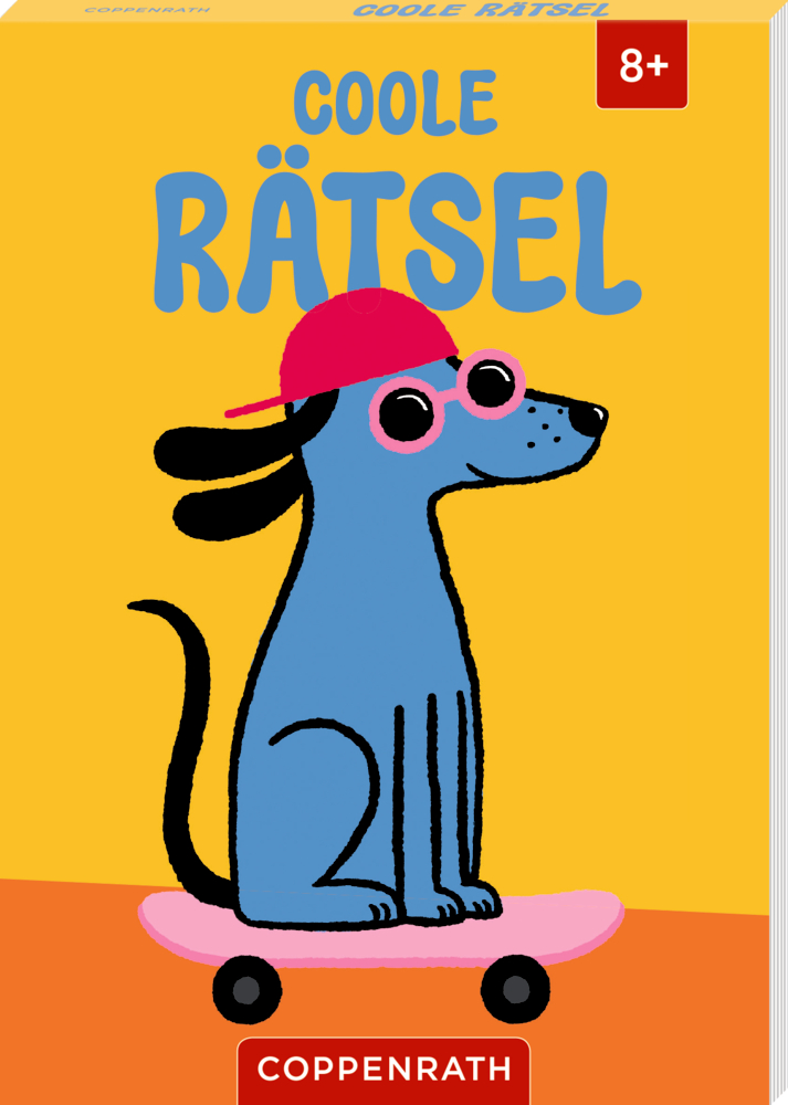 Rätselcover mit blauem Hund mit rosa Basecap und Sonnenbrille auf einem Skateboard.