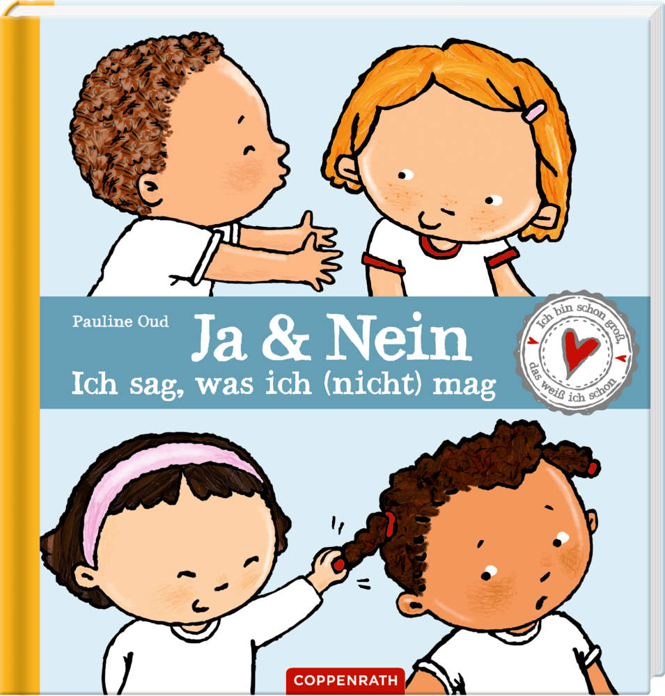Vier Kinder, manche lächelnd, andere mit verschränkten Armen; Buchcover mit dem Titel „Ja & Nein“.