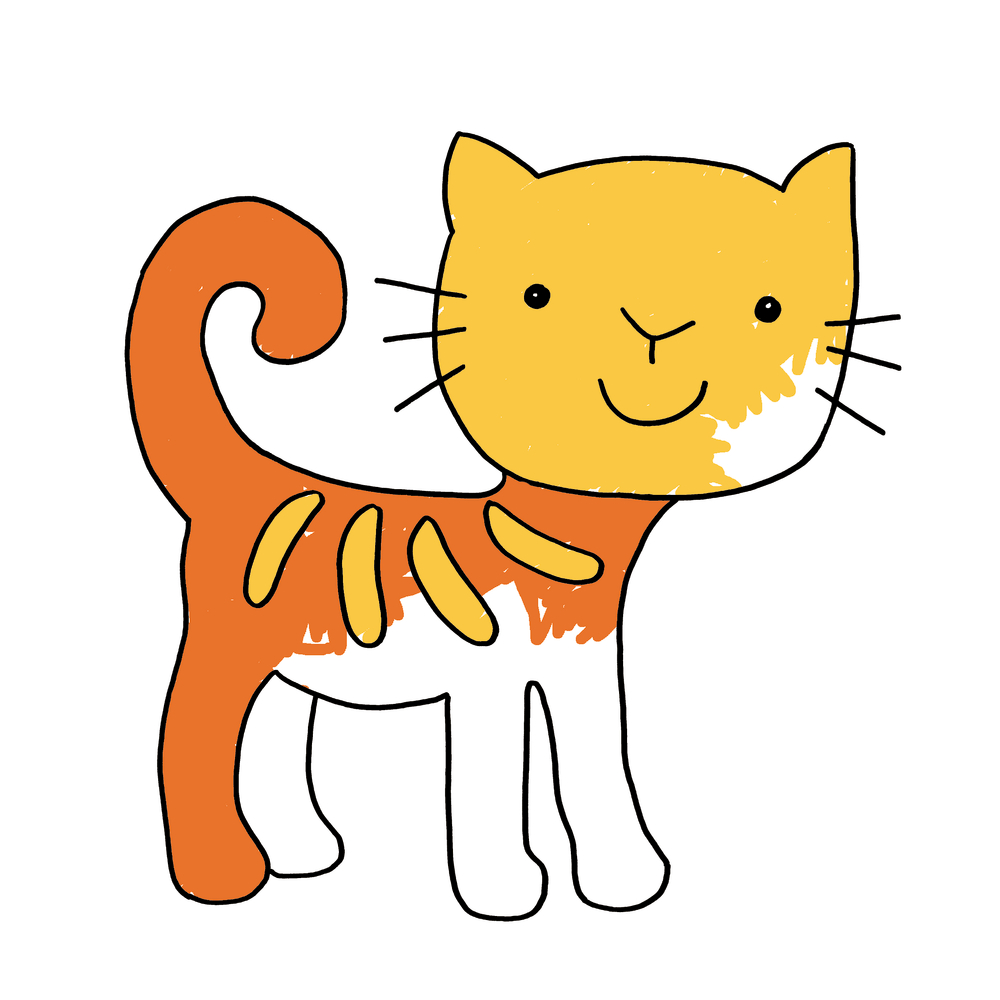 Illustration einer orange-gelben Katze mit einfachem Strichdesign und lächelndem Gesicht.