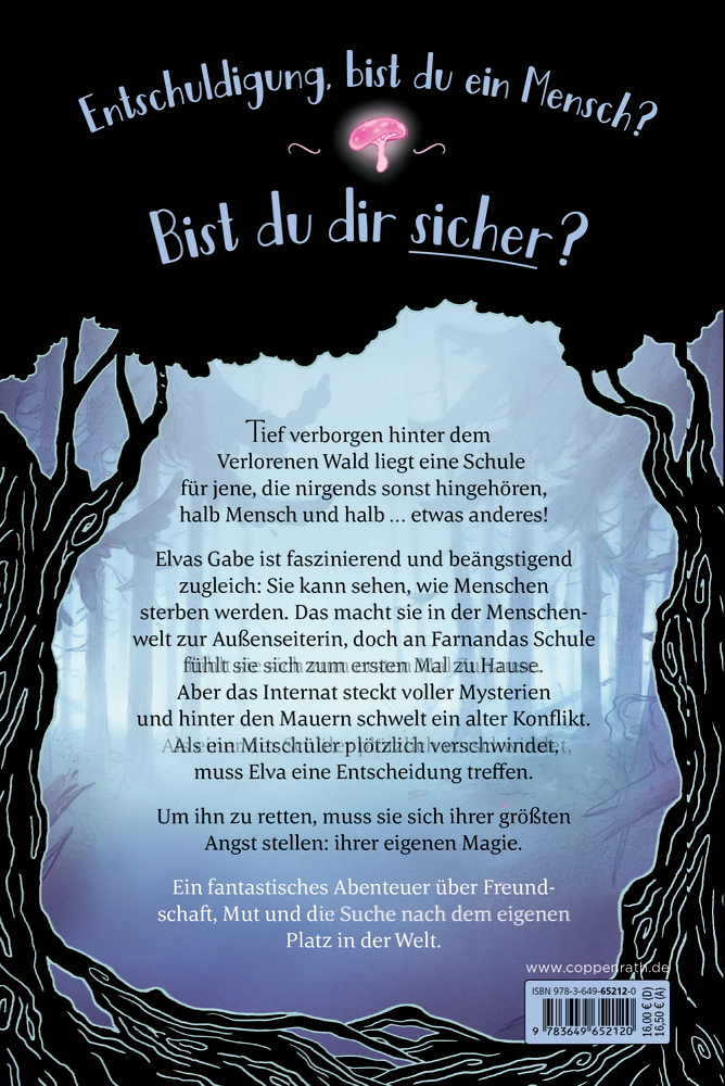 Buchrückseite mit Titeltext, pinkem Pilzsymbol und Klappentext vor blauer Walddarstellung mit schwarzen Baumumrissen.