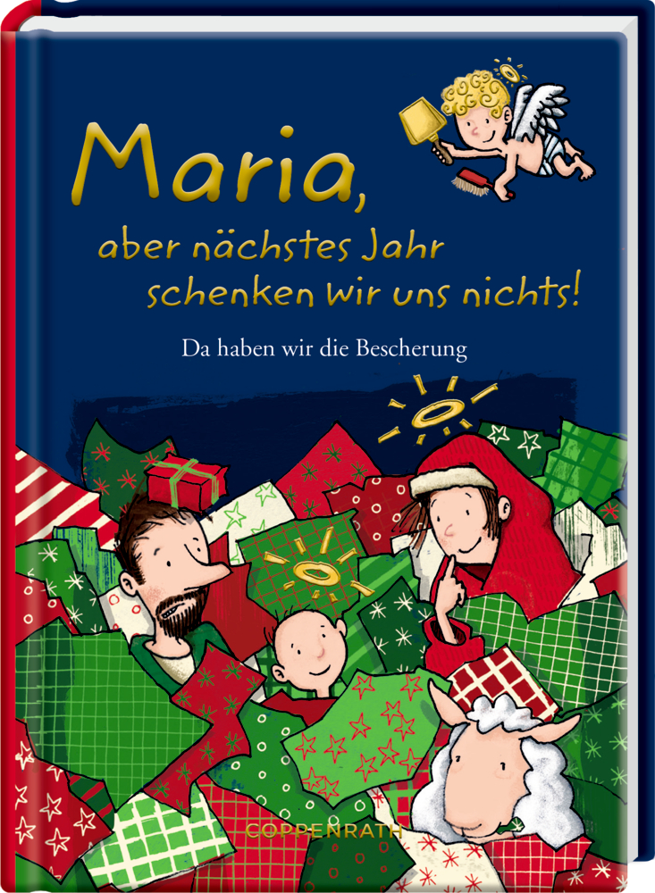 Karikatur von Menschen und Schafen mit verpackten Geschenken, festlichem Text und einem Engel darüber, auf einer Doppelseite.