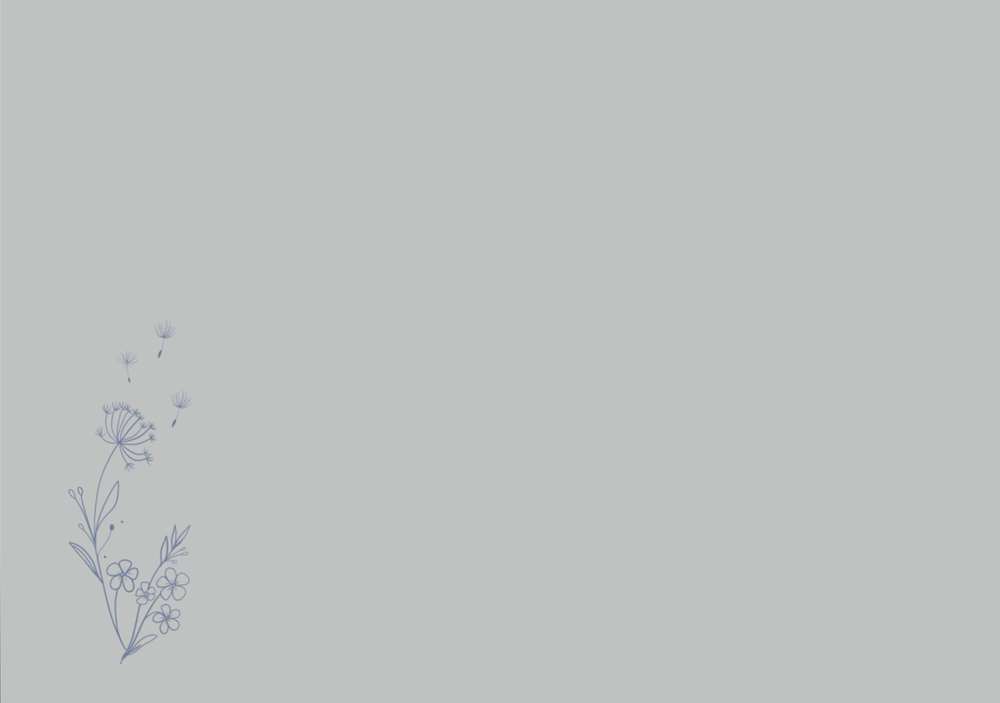Heller blauer Hintergrund, unten links einfache, feine Blumenzeichnungen.