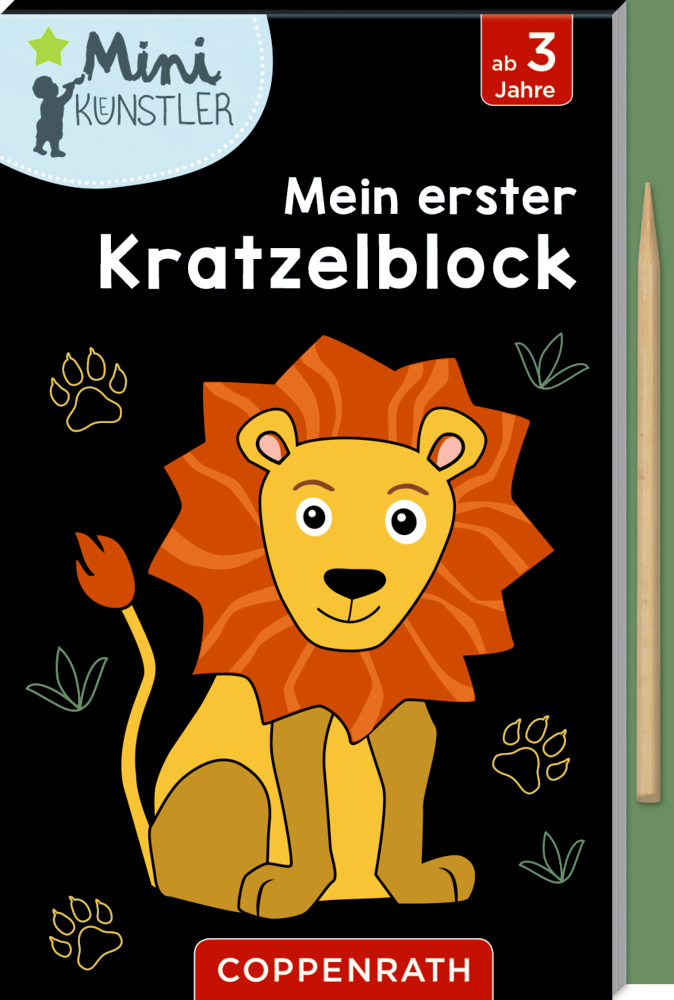 Kinder-Kratzelblock mit Löwenillustration auf schwarzem Untergrund.
