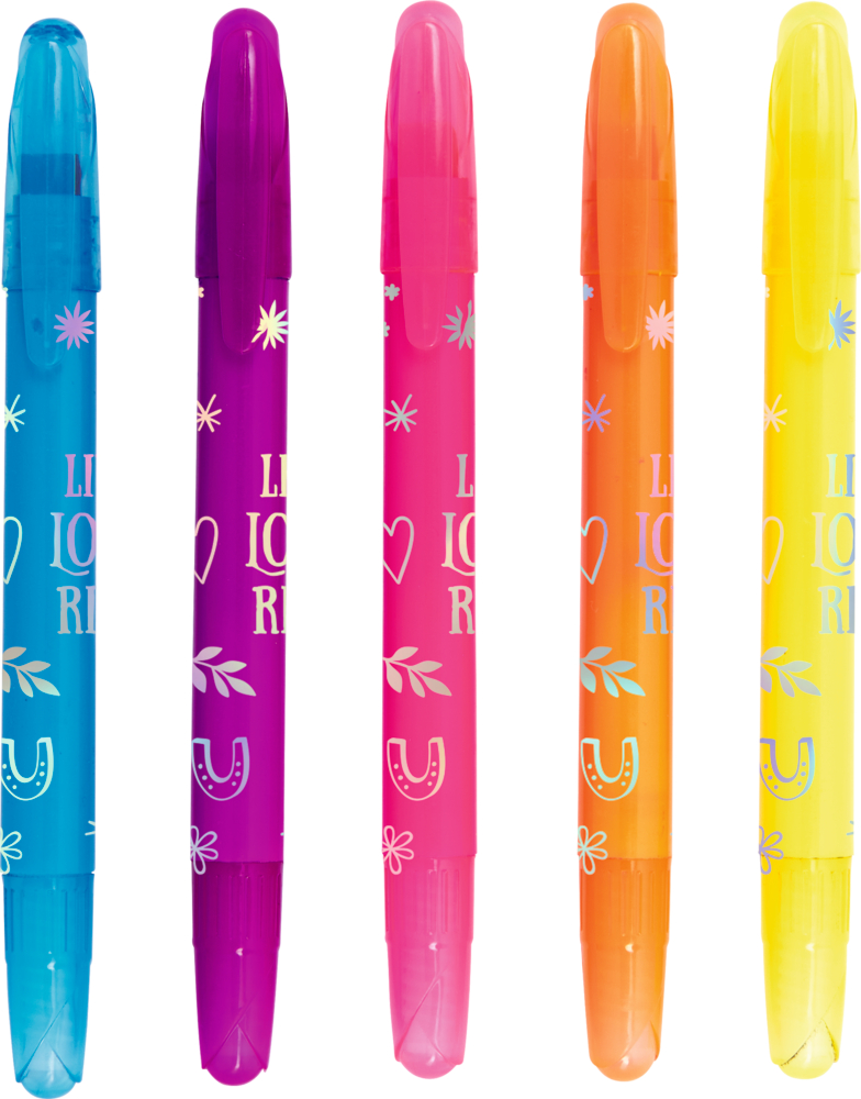 Fünf Textmarker in Blau, Lila, Pink, Orange und Gelb mit Mustern und Symbolen auf den Schäften.