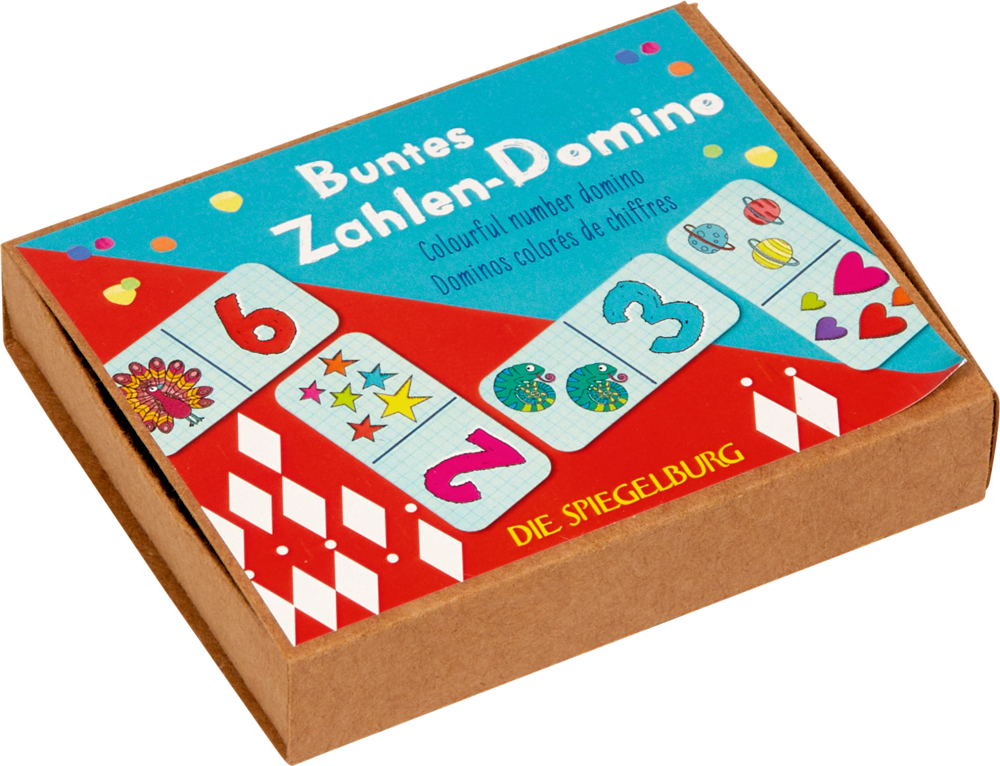 Eine farbenfrohe Pappbox mit nummerierten Dominosteinen und fröhlichen, verspielten Illustrationen.