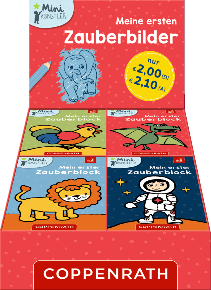 Vier verschiedene kleine Zauberbilder-MalbÃ¼cher in einer roten Display-Box.