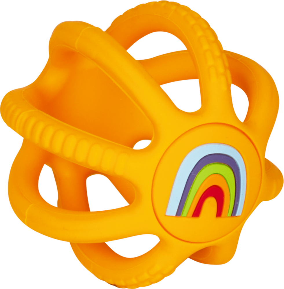 Orangefarbener Baby-Spielball aus Gummi mit offenen Seiten und einem bunten Regenbogendesign auf einer Seite.
