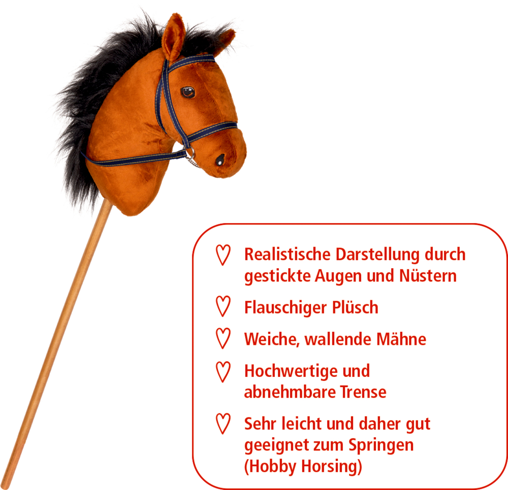 Braunes Steckenpferd mit Zügeln und Mähne, Text mit Vorteilen daneben platziert.