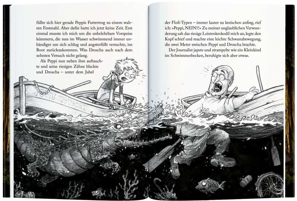 Ein Junge sitzt in einem Boot. Ein erschrockener Mann ist im Wasser. Unter Wasser greift ein großes Krokodil mit großen Zähnen an.