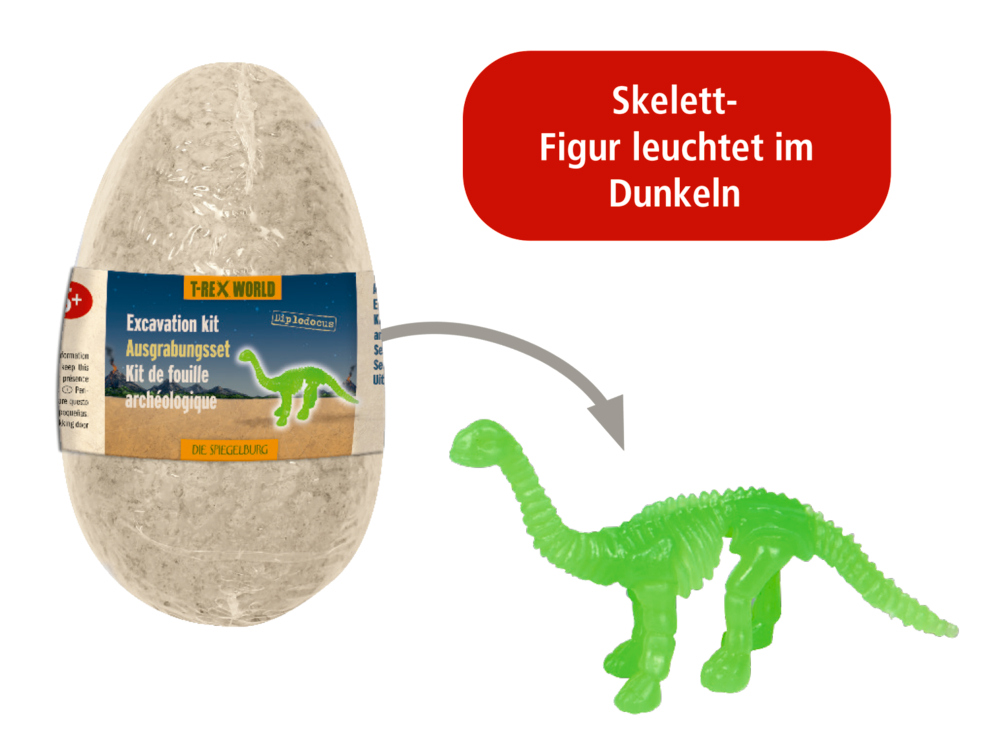 Ausgrabungsset in Eiform mit grüner Dinosaurierfigur, daneben Hinweistext „Skelett-Figur leuchtet im Dunkeln“.