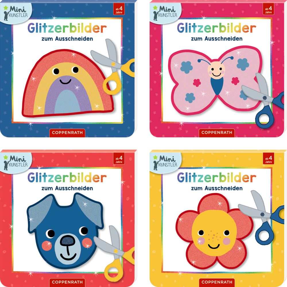 Vier Kinderbastelbücher mit Bildern von Regenbogen, Schmetterling, Hund und Blume, jeweils mit einer Schere.