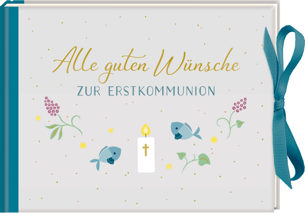 Cover: „Alle guten Wünsche zur Erstkommunion“ mit zwei Fischen, Kerze und blauem Band.