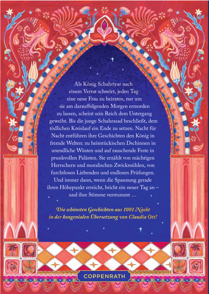 Buchrückseite mit orientalischem Zierrahmen in Rot, Rosa und Blau, dazu goldene Schrift.