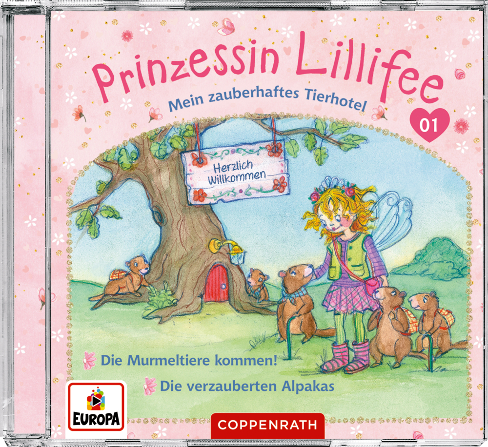 Prinzessin Lillifee, die Märchenprinzessin, begrüßt Murmeltiere neben einem Willkommensschild an einem Baum.