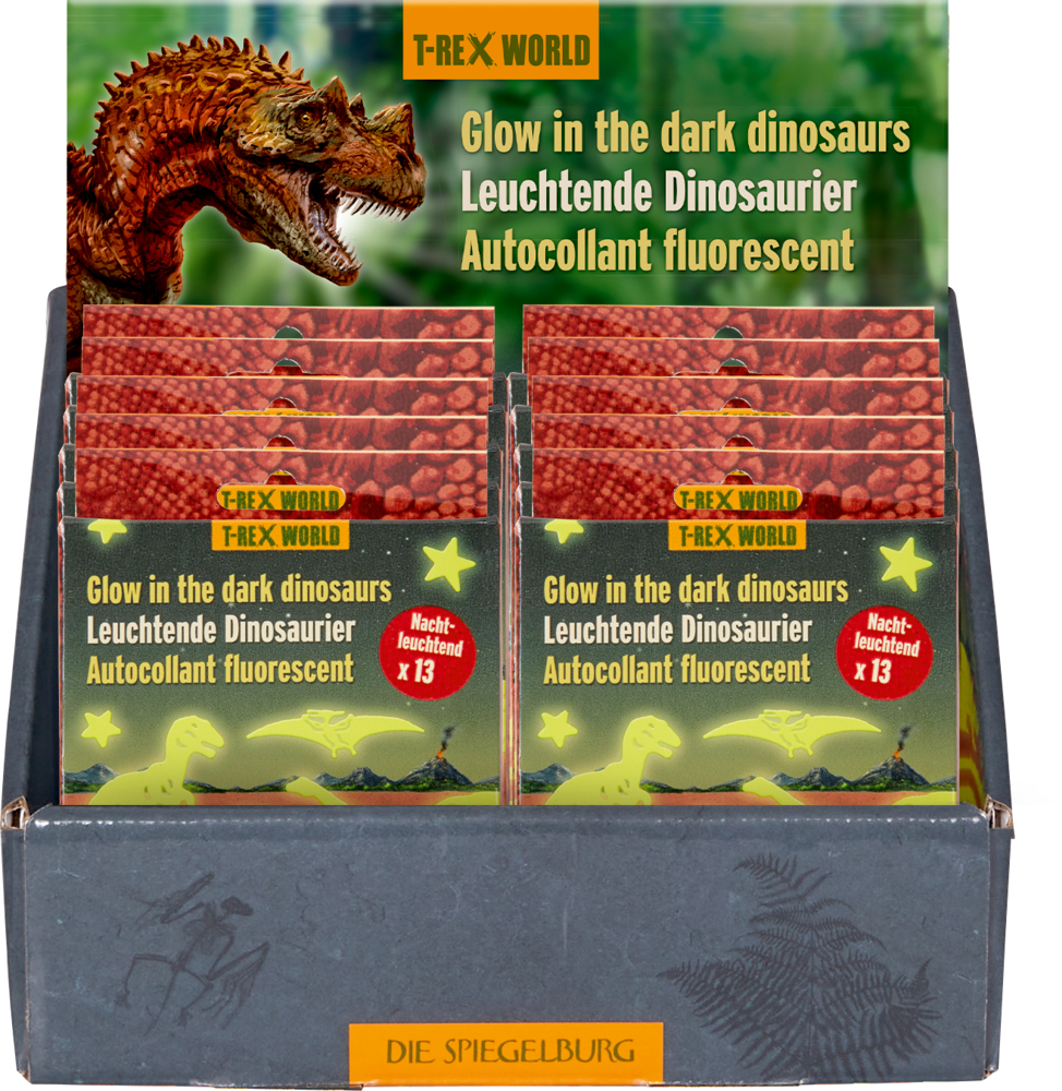 Displaybox mit leuchtenden Dinosaurier-Sticker-Packs und Dinosaurierbild