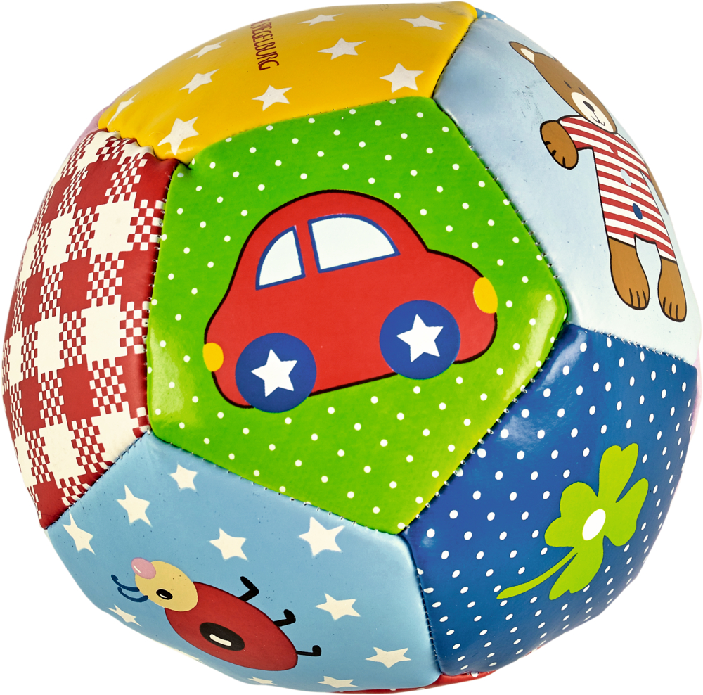 Bunter Spielzeugball mit Cartoon-Auto, Bär, Marienkäfer, Kleeblatt und gemusterten Abschnitten.