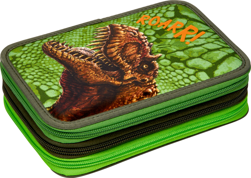 Grünes Federmäppchen mit einer Dinosaurierillustration und dem Wort „ROARR!“ auf dem Deckel.