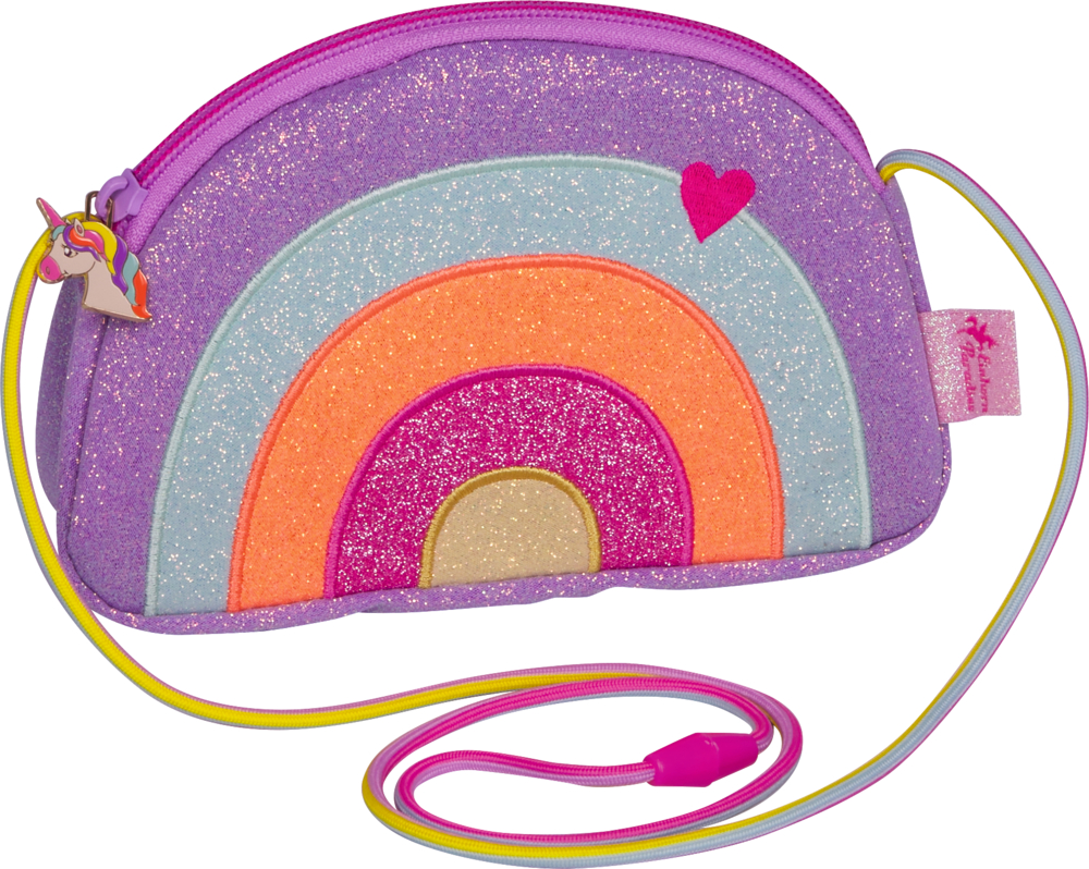 Lila glitzernde Umhängetasche mit Regenbogenmotiv, pinkem Herz, Einhorn-Anhänger und bunter Kordel.