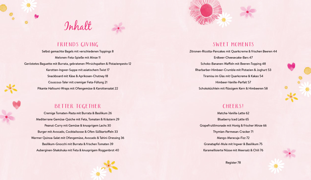 Ein pinkes Menü mit vier Abschnitten, die süße und herzhafte Rezepte zeigen, dekoriert mit Blumen.