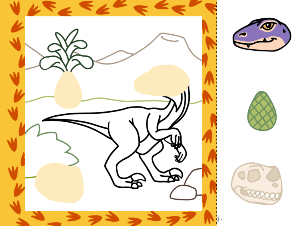 Umriss eines Dinosauriers, Berge, Eier und rechts Icons: Kopf, Ei und Schädel.