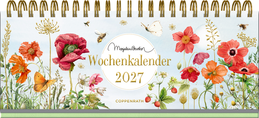 Farbiges florales 2027 Wochenkalenderblatt mit Blumen, Bienen, Schmetterlingen und goldener Spiralbindung.