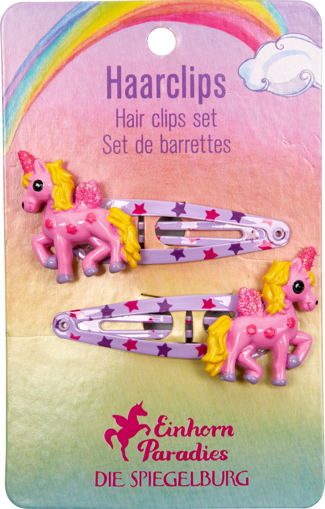 Zwei pinke Einhorn-Haarclips mit Sternen auf Regenbogen-Karte, beschriftet mit Haarclips und Einhorn Paradies.