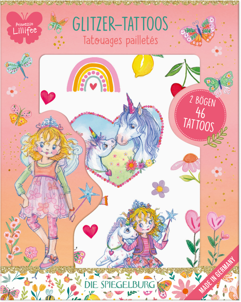 Set mit glitzernden Kinder-Tattoos, Motive mit Prinzessin, Einhorn, Regenbogen, Herz, Blume und bunten Dekoelementen in Verpackung mit Sichtfenster.