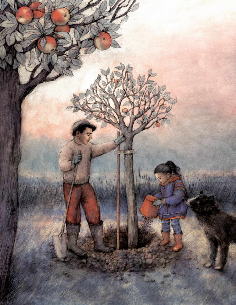 Bei Sonnenuntergang pflanzen ein Junge und ein Mädchen einen Baum, während ihr Hund zusieht; oben am Baum hängen Äpfel.