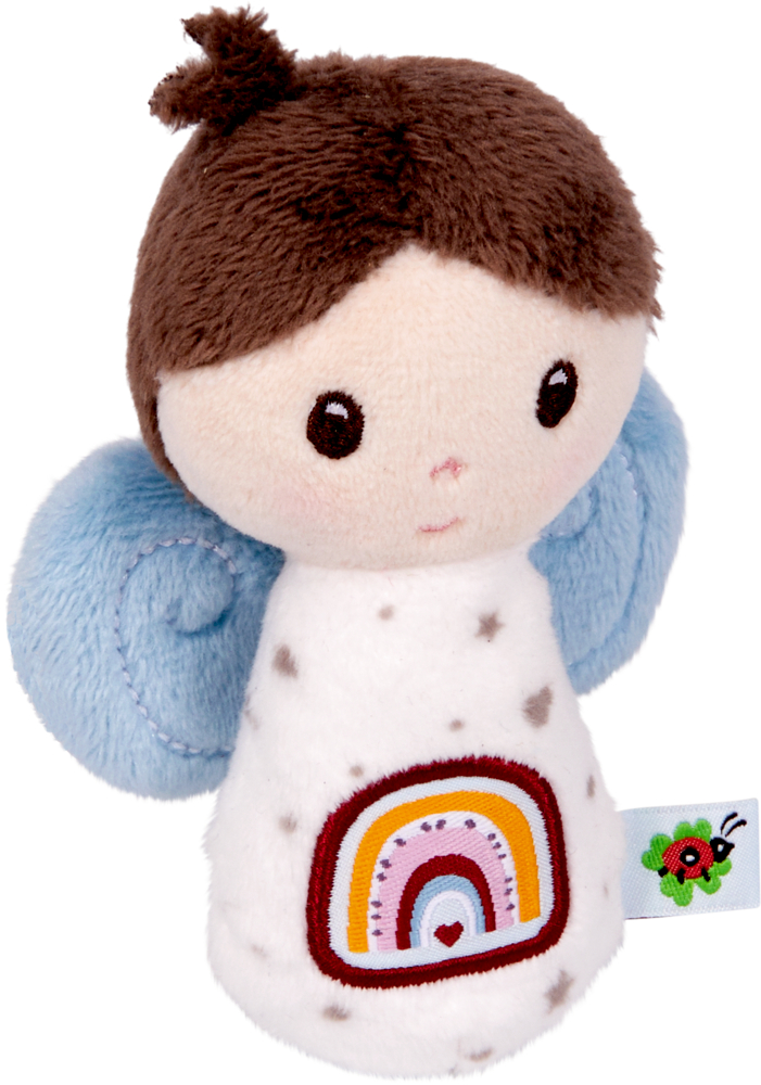 Plüschengelpuppe mit blauen Flügeln, braunem Haar, Regenbogenfleck auf weißem Kleid mit grauen Sternen.