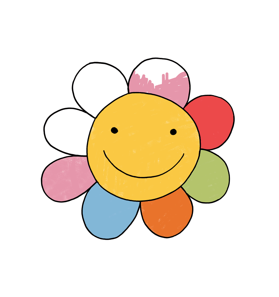 Bunte Blume mit gelber Mitte, lächelndem Gesicht und sieben farbigen Blütenblättern in Weiß, Rosa, Rot, Grün, Orange und Blau.