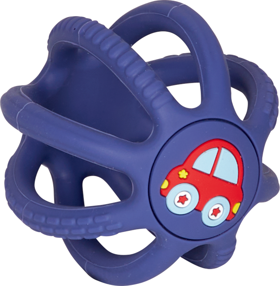 Blauer Babyball aus Gummi mit offenen Segmenten, auf einer Seite mit einem roten Cartoon-Auto-Design.