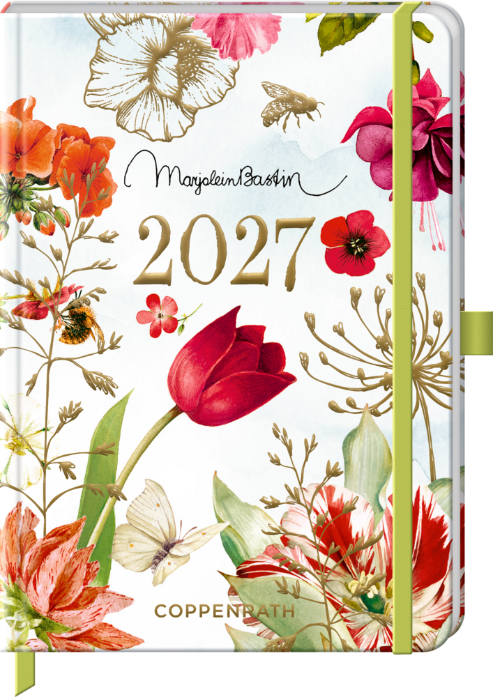 2027 Tagebuch mit bunten Blumen, Schmetterlingen und goldener Schrift, Marjolein Bastin Signatur auf dem Cover.