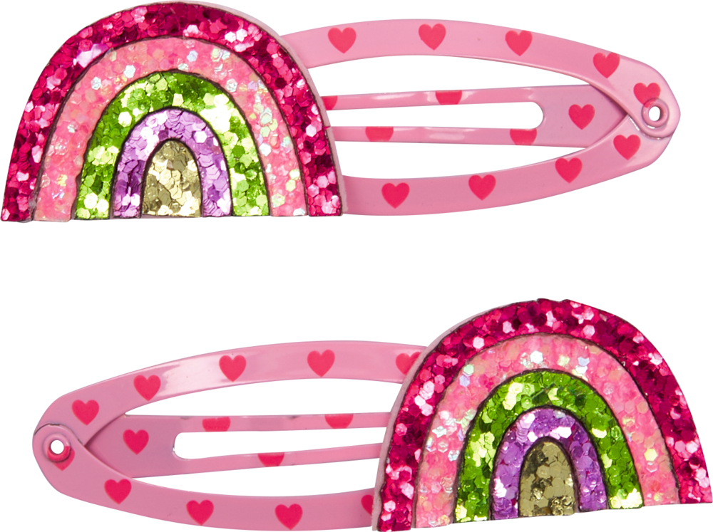 Zwei rosafarbene Haarspangen mit pinken Herzen und glitzernden Regenbögen in Pink, Grün, Lila und Gold.