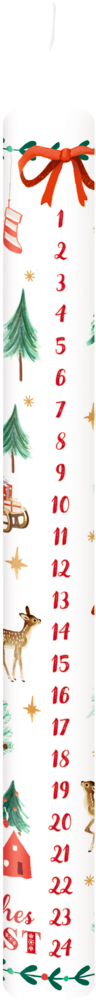 Adventskalender-Kerze, Zahlen 1–24, dekoriert mit Bäumen, Rentieren, Sternen und festlichen Feiertagsmotiven.