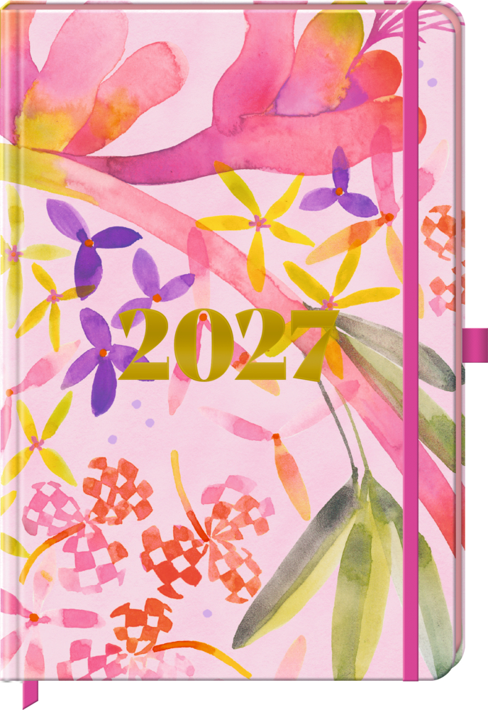 Farbiges Blumen-2027-Planer-Cover mit goldenen Zahlen und Aquarell in Pink, Lila, Gelb und Grün.