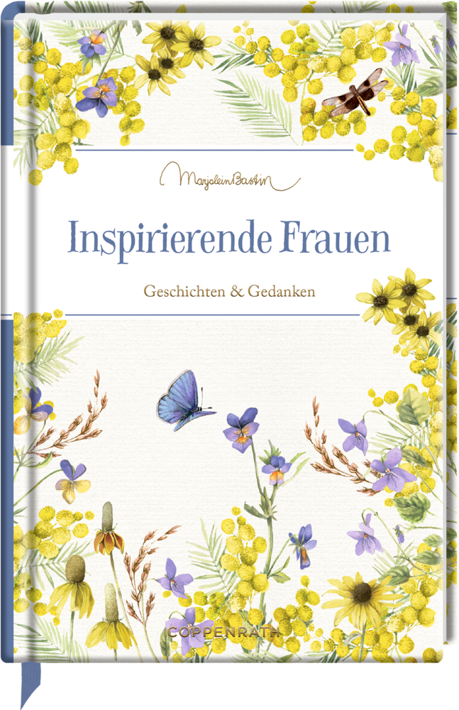 Buchcover mit gelbe Blumen, Libelle, Schmetterling und dem Titel „Inspirierende Frauen".