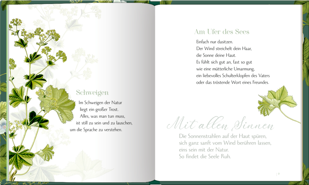 Ein offenes Buch mit Gedichten, grünen botanischen Illustrationen und dekorativen Blatträndern.